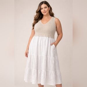 Cato 18/20W Sleeveless Knit Tiered Midi Dress  Neutral Tan & White  Rayon/cotton